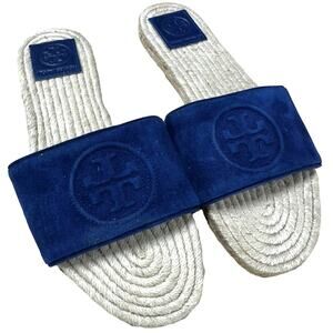 Tory Burch NWOB Benton Open Toe Midnight Blue Suede Espadrille Flat Size 6.5